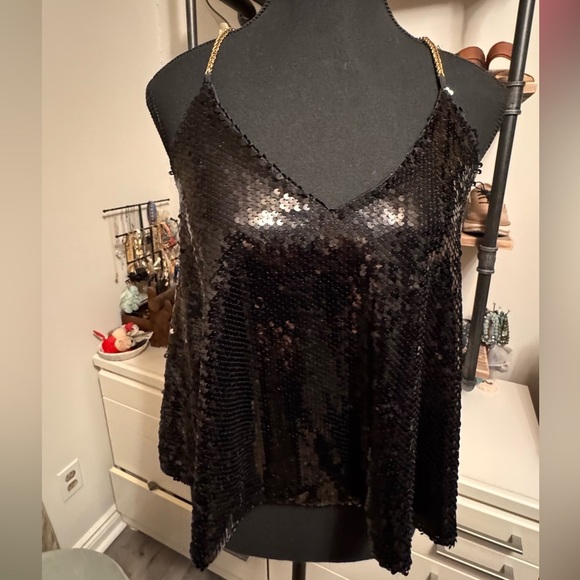Tops - Black Sequin Tank Top with Gold Straps